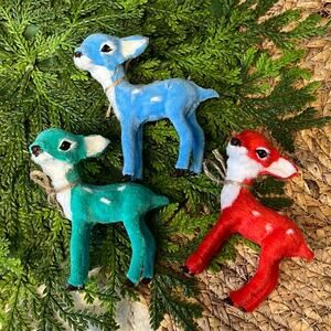 Set of 3 Colorful Fuzzy Flocked Faux Fur Deer Reindeer Fawns Ornaments Decor